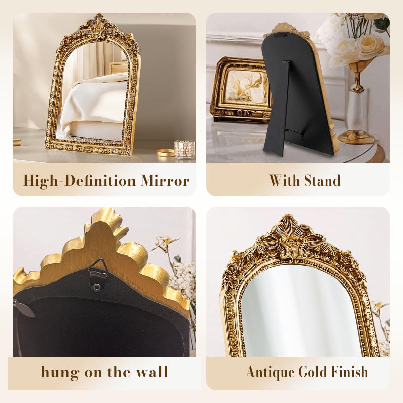 YUSONG Vintage Makeup Desk Mirror  Antique Gold Arched Tabletop Mirror with Resin Frame - Decorative Wall Art for Living Room  Bedroom Decor  Retro Table 9.3"" x 5.7"" - Image 4
